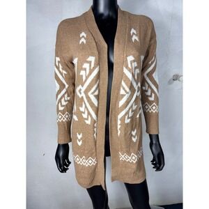 Ruby Moon Women Tan White Geometric Pattern Long Open Front Cardigan Sweater XS